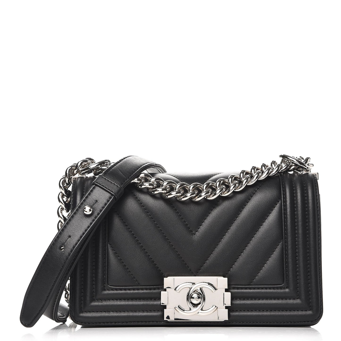Calfskin Chevron Quilted Small Boy Flap Black