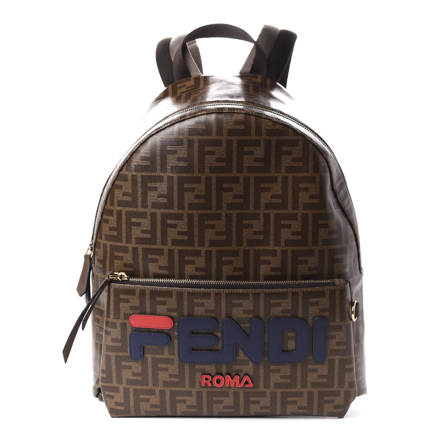 Fendi X FILA Glazed Fabric Vitello Century FF 1974 Mania Pouch Pocket Backpack Mogano Panna Blueberry 1 of 13