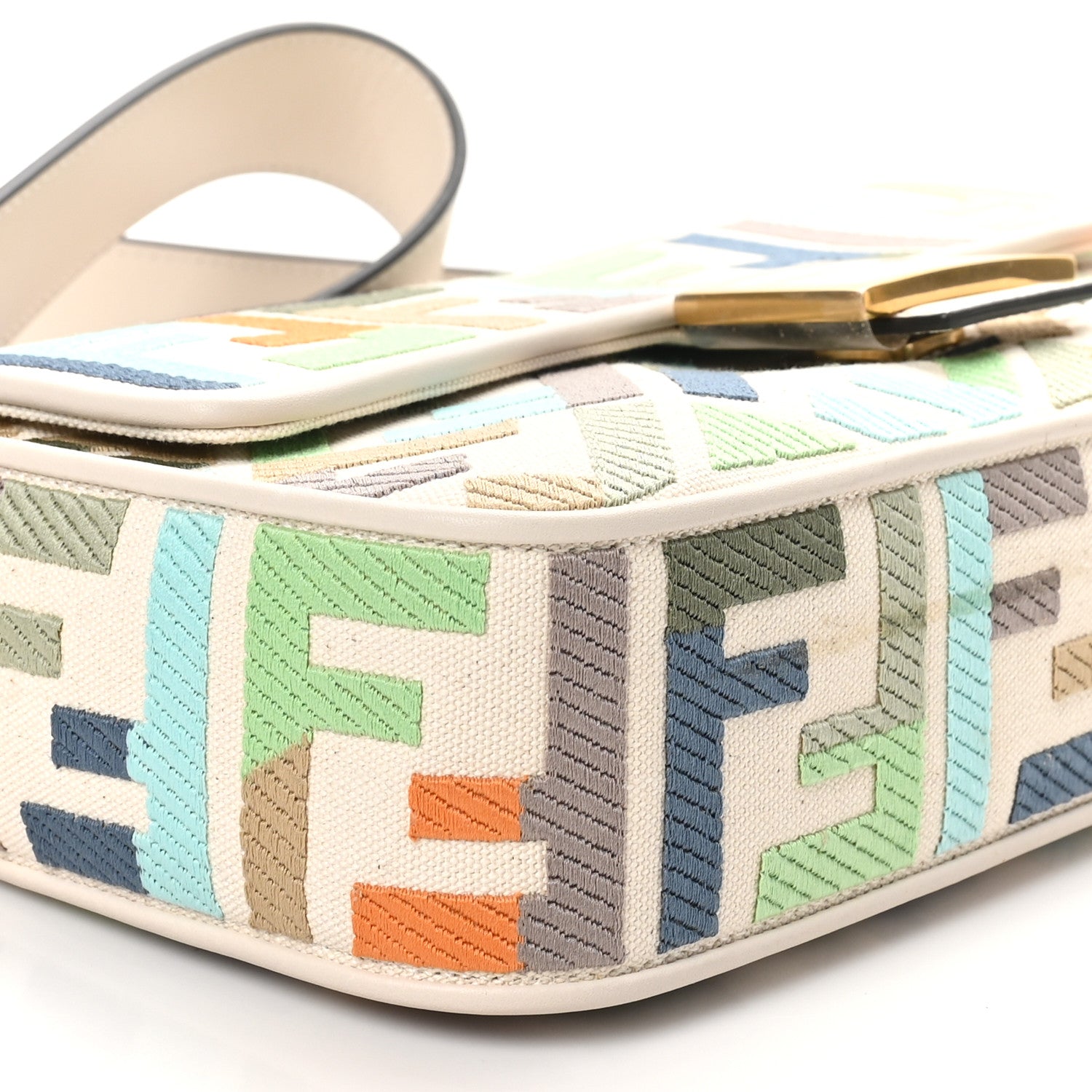 Fendi Canvas Vitello Seta FF Multicolor Embroidered Baguette
