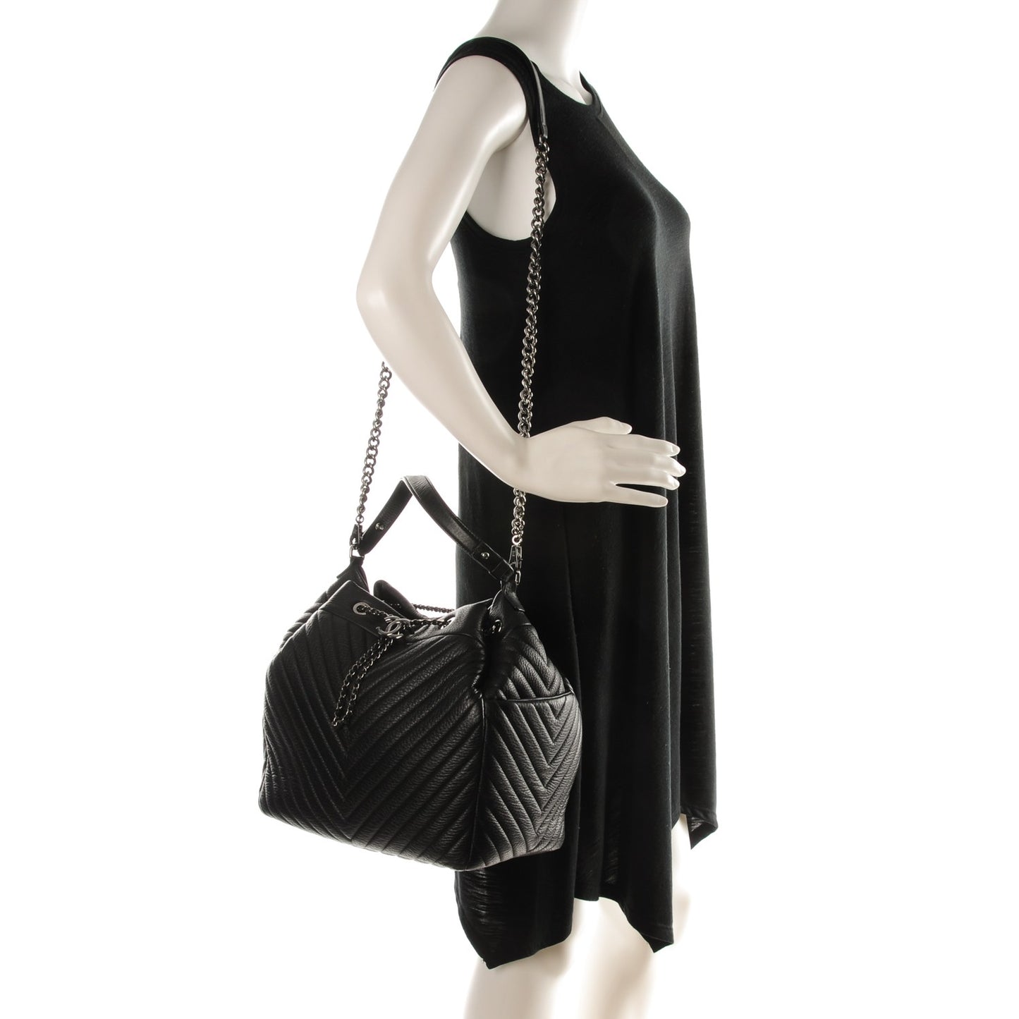 Deerskin Chevron Large CC Chain Bucket Drawstring Bag Black