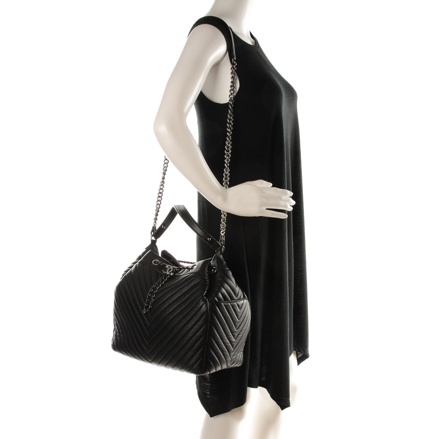 Chanel Deerskin Chevron Large CC Chain Bucket Drawstring Bag Black 2 of 7