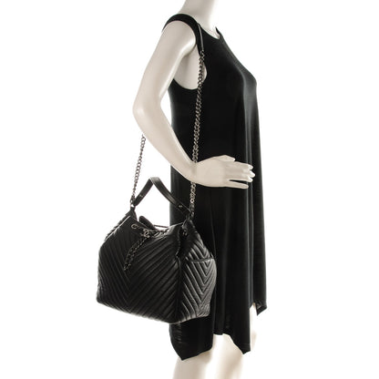 Chanel Deerskin Chevron Large CC Chain Bucket Drawstring Bag Black 2 of 7