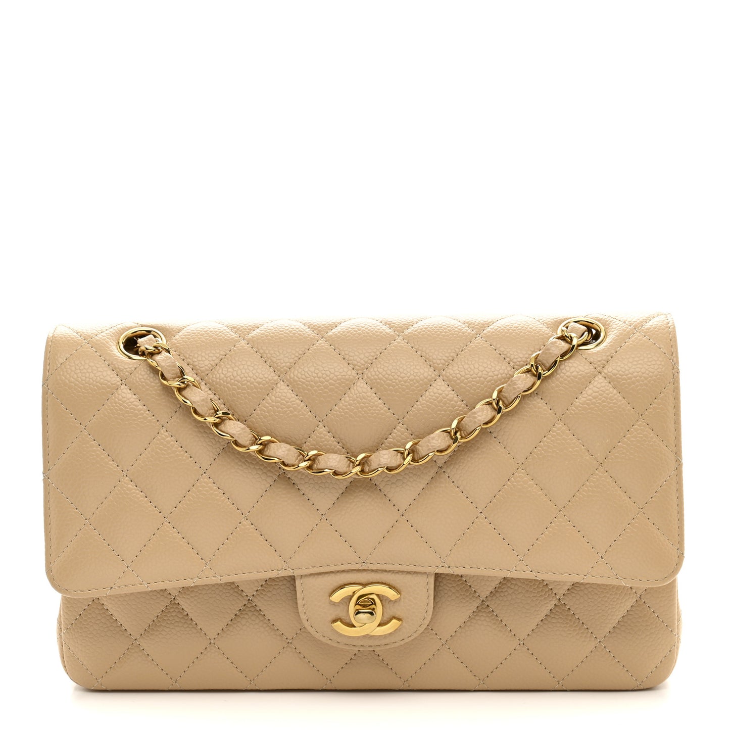 Caviar Quilted Medium Double Flap Beige