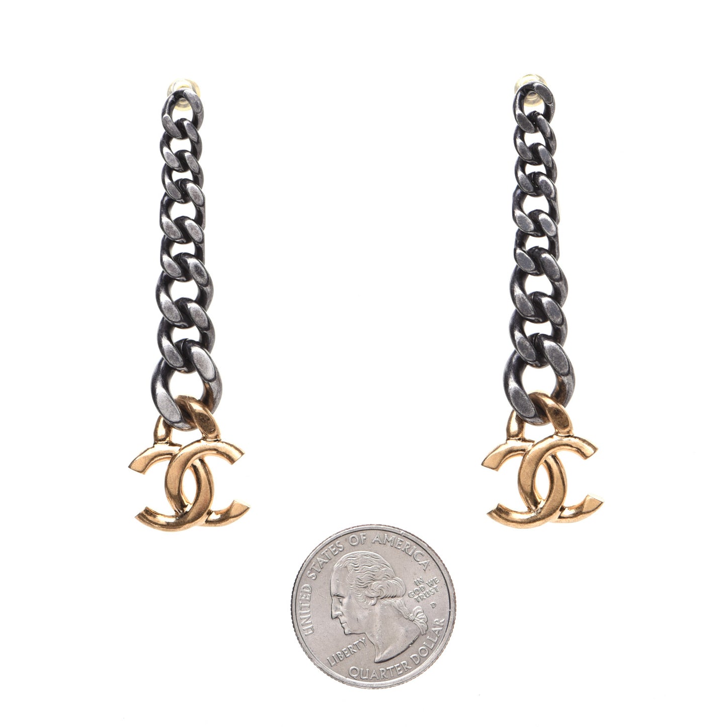 Metal CC Drop Earrings Ruthenium Gold