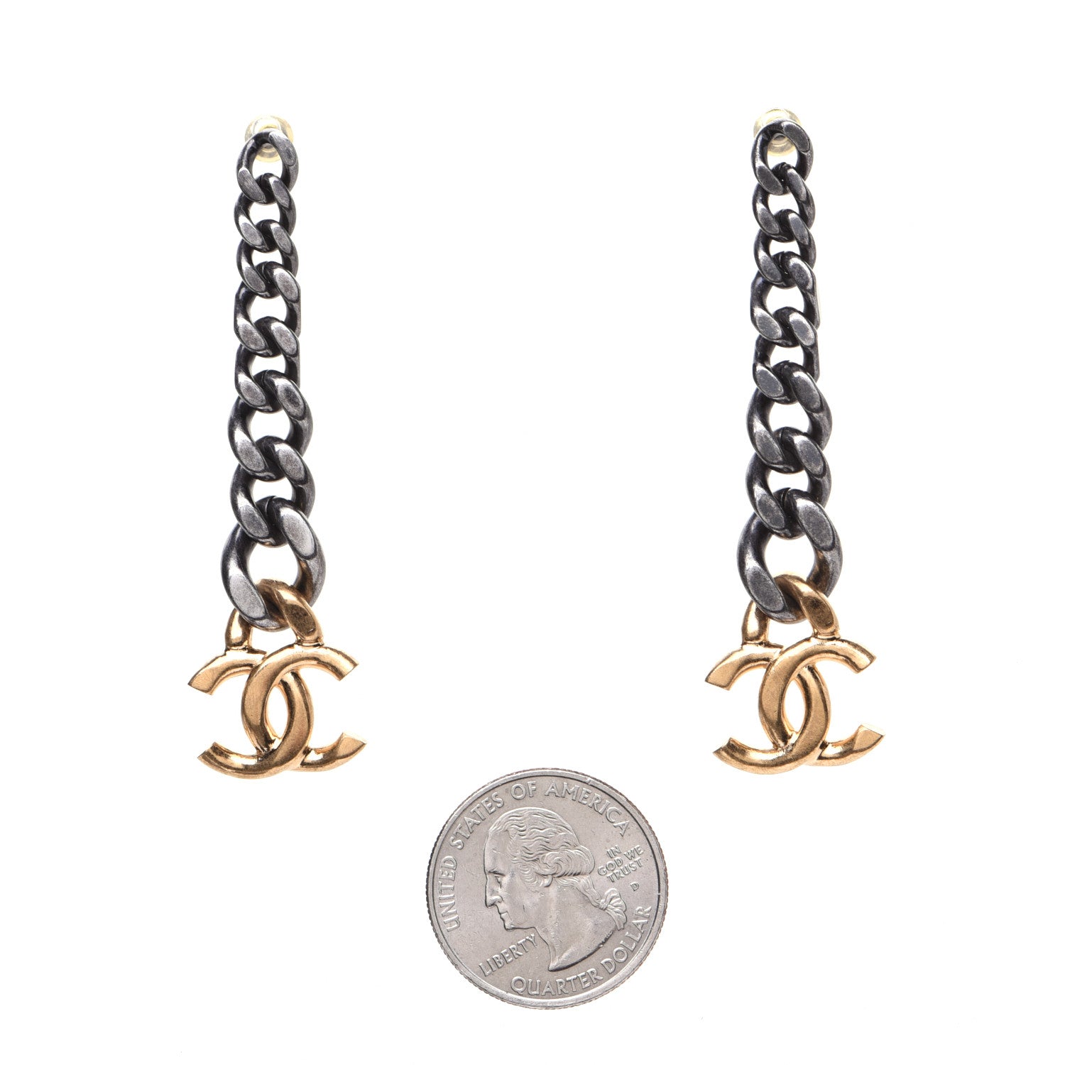 Chanel Metal CC Drop Earrings Ruthenium Gold 2 of 8