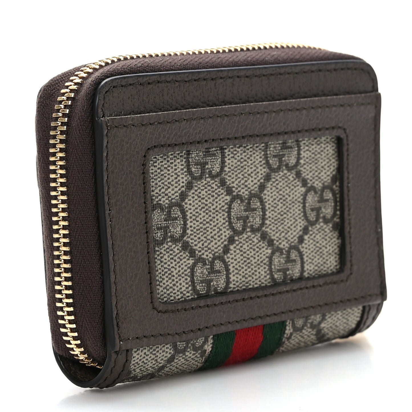 GG Supreme Monogram Textured Dollar Calfskin Web Ophidia Zip Around Card Case Wallet Beige Ebony New Acero