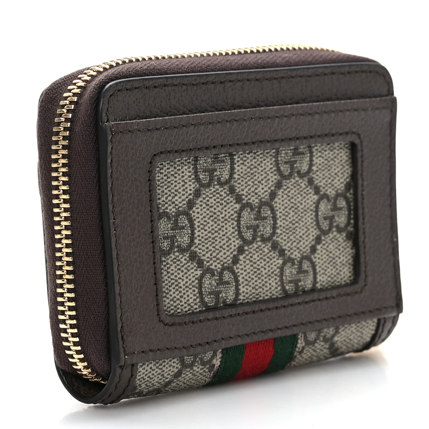 Gucci GG Supreme Monogram Textured Dollar Calfskin Web Ophidia Zip Around Card Case Wallet Beige Ebony New Acero 3 of 7