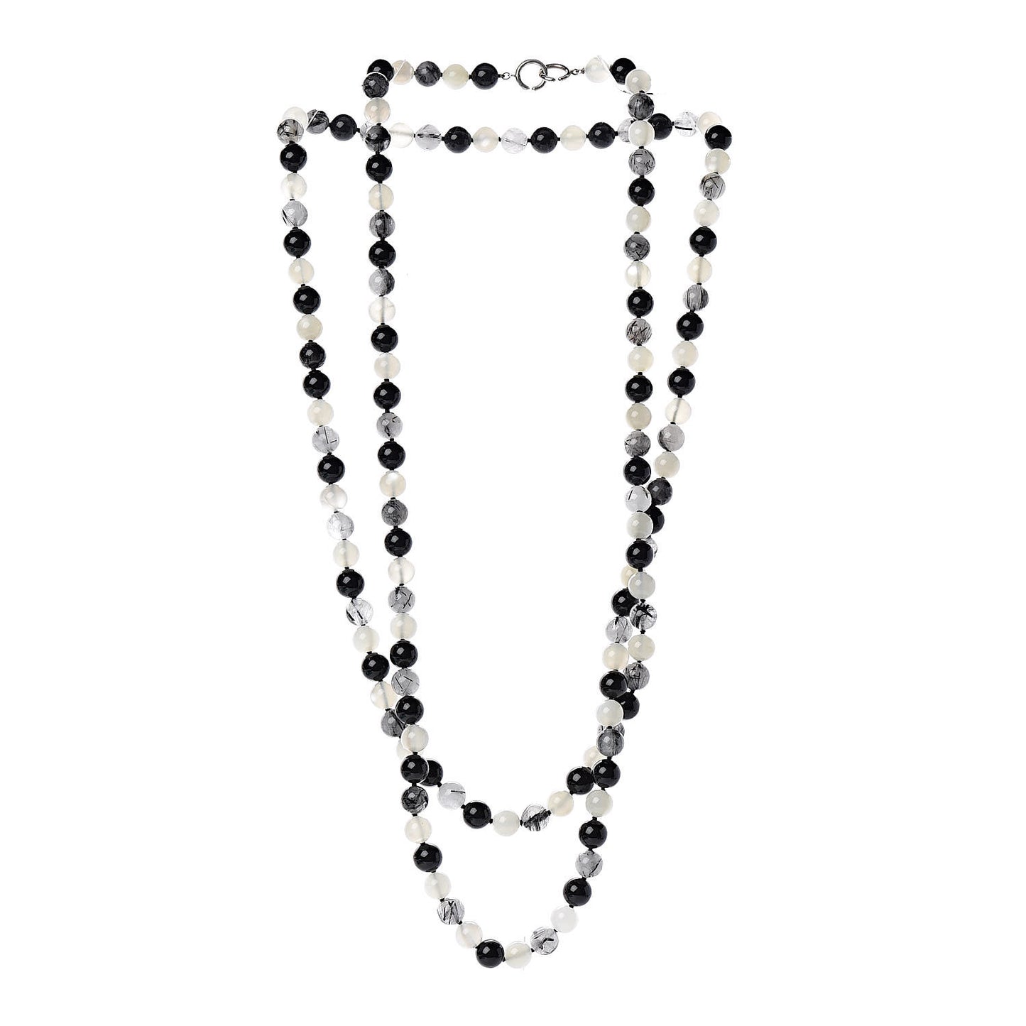 Sterling Silver Black Onyx Tourmalinated Quartz Moonstone Bead Necklace 60"