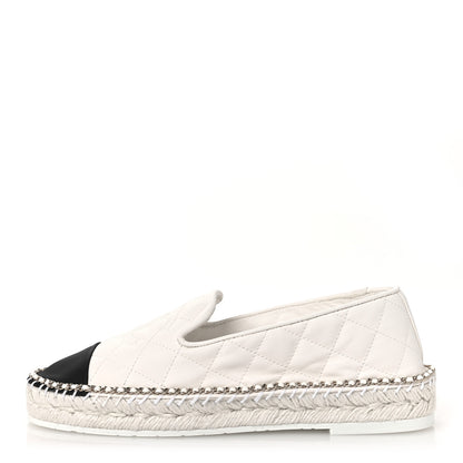Chanel Shiny Lambskin Quilted Grosgrain Cap Toe CC Chain Espadrilles 39 White Black 1 of 11
