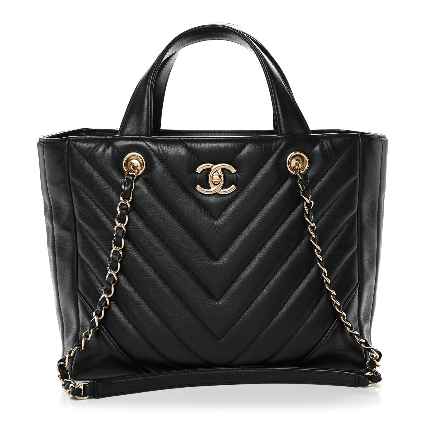 Calfskin Chevron Quilted Statement Shopping Tote Black