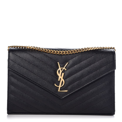 Saint Laurent Grain De Poudre Matelasse Chevron Monogram Chain Wallet Black 1 of 8