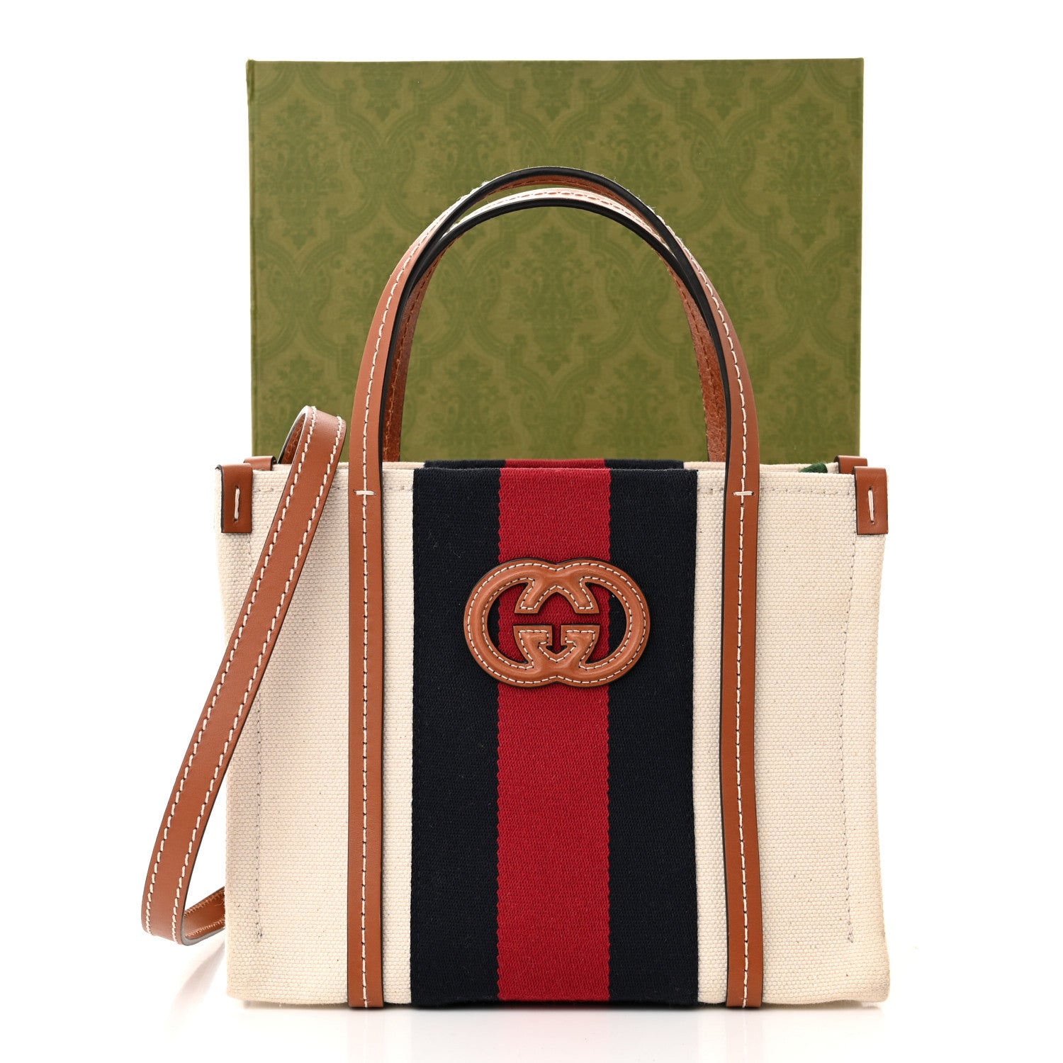 Gucci Canvas Calfskin Web Mini Interlocking G Top Handle Tote White Brown Blue Red 11 of 11