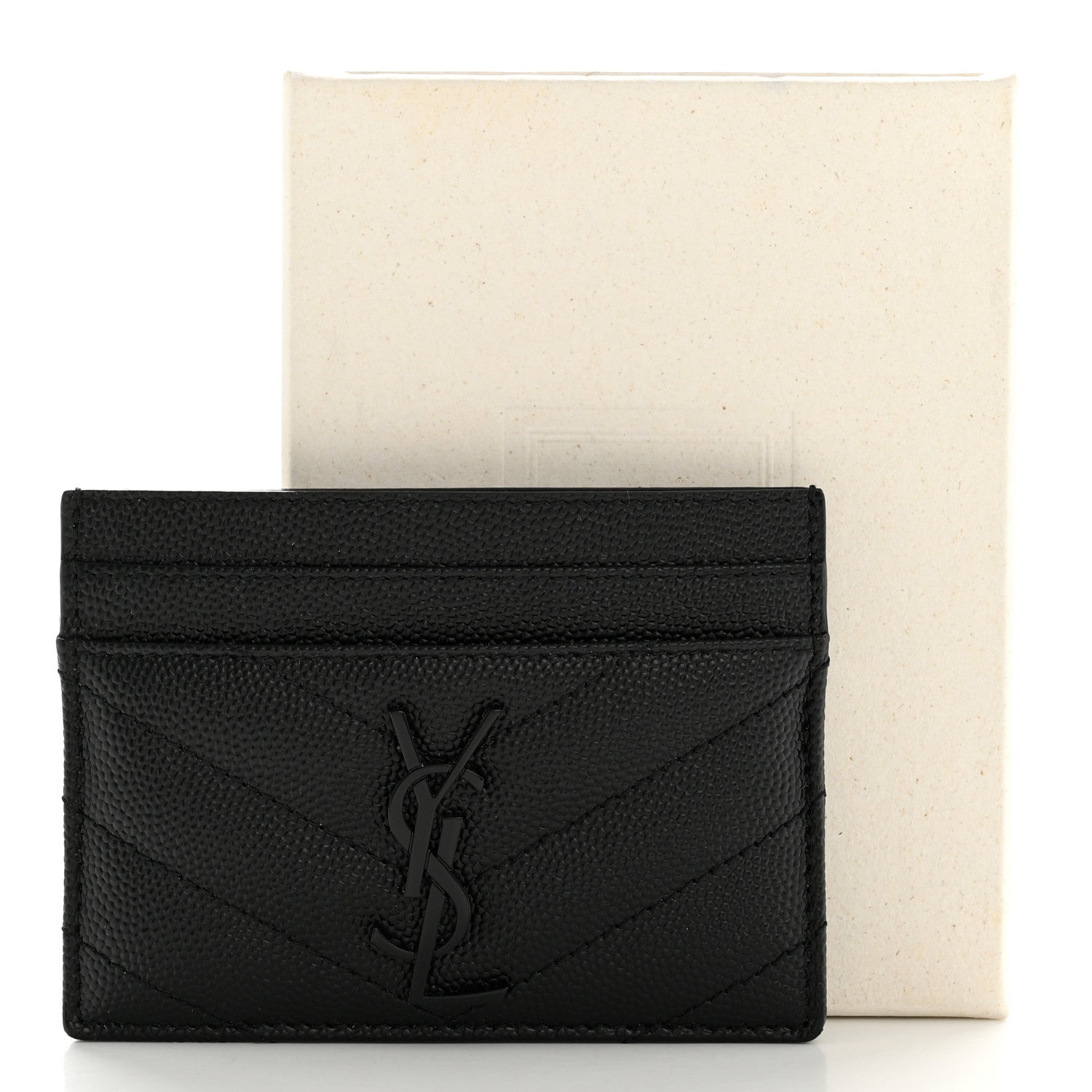 Saint Laurent Grain De Poudre Matelasse Chevron Monochrome Monogram Credit Card Case Black 8 of 8