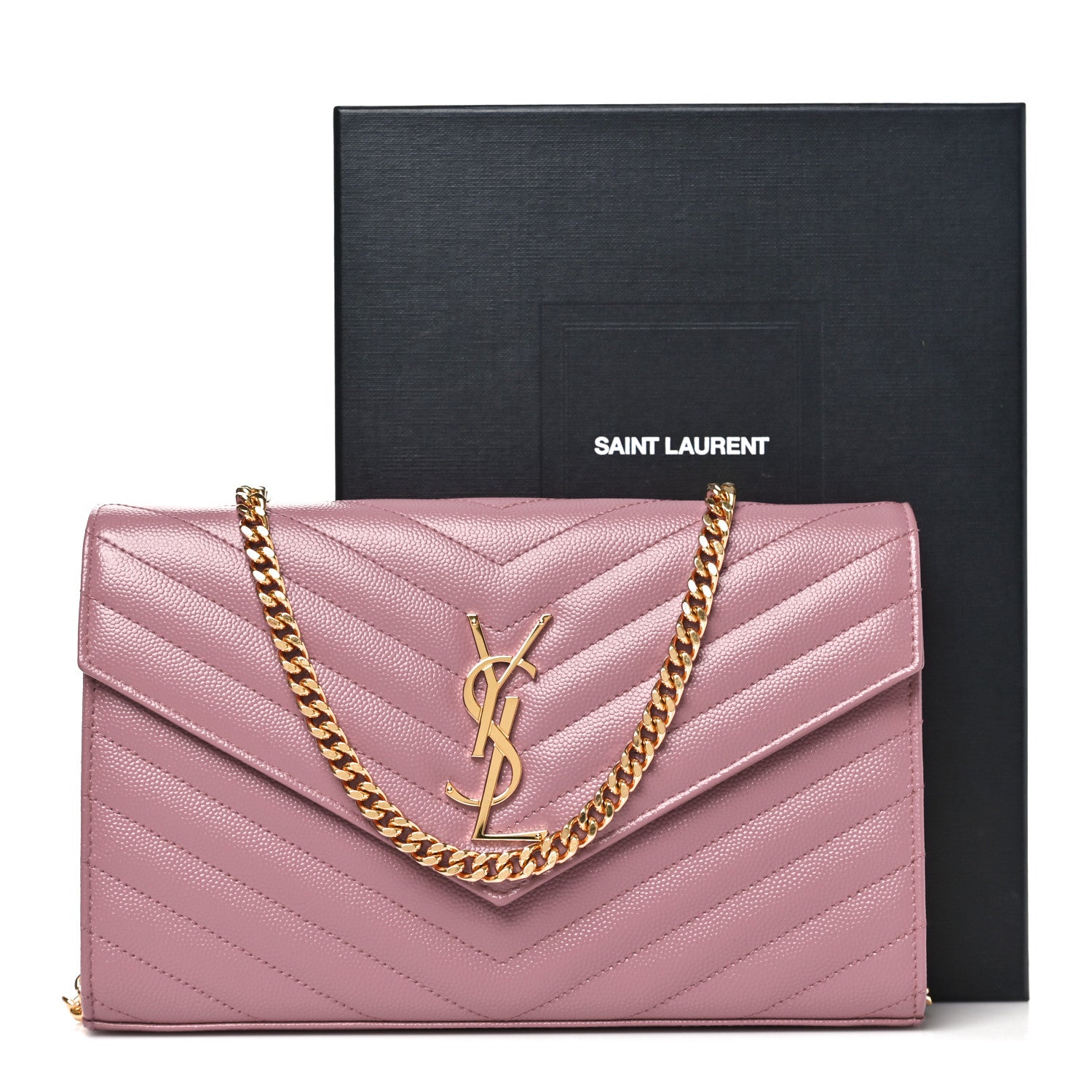 Saint Laurent Grain De Poudre Matelasse Chevron Monogram Chain Wallet Fuxia Couture 11 of 11
