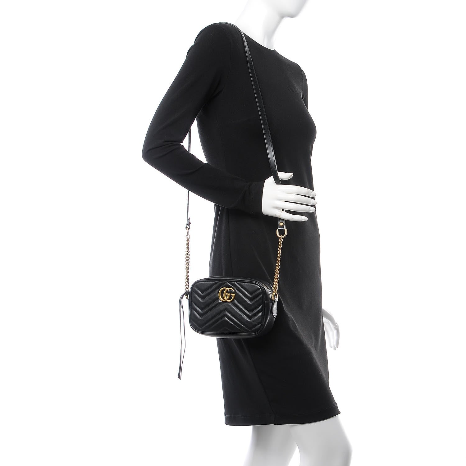 Gucci Calfskin Matelasse Mini GG Marmont Chain Shoulder Bag Black 2 of 8