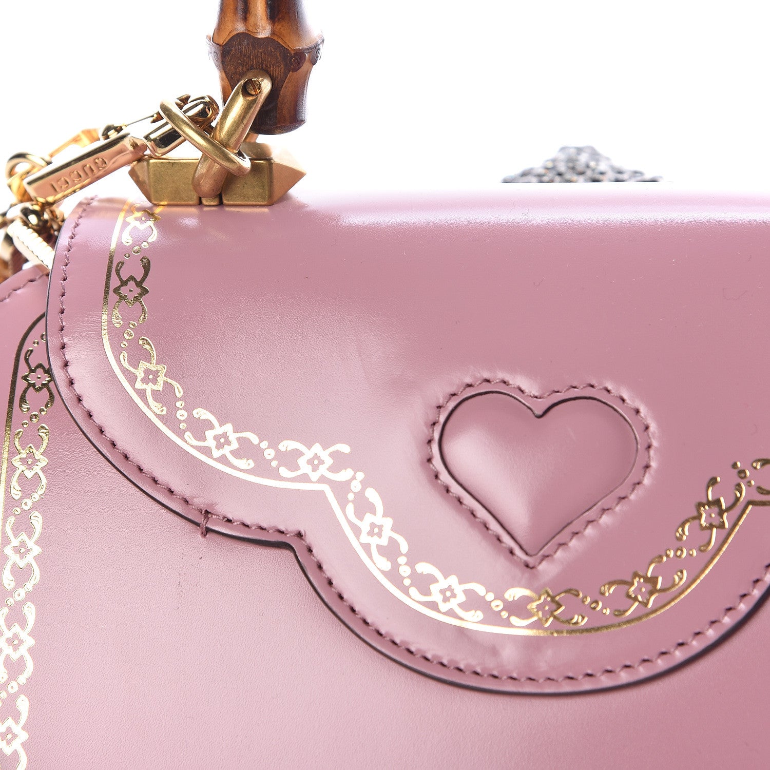 Gucci Calfskin Bamboo Crystal Mini Thiara Top Handle Bag Carmine Rose Gold 11 of 17