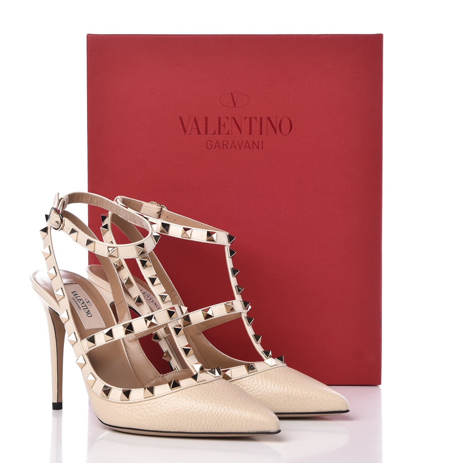 Valentino Garavani Pebbled Calfskin Rockstud Ankle Strap Pumps 38 Light Ivory 10 of 10