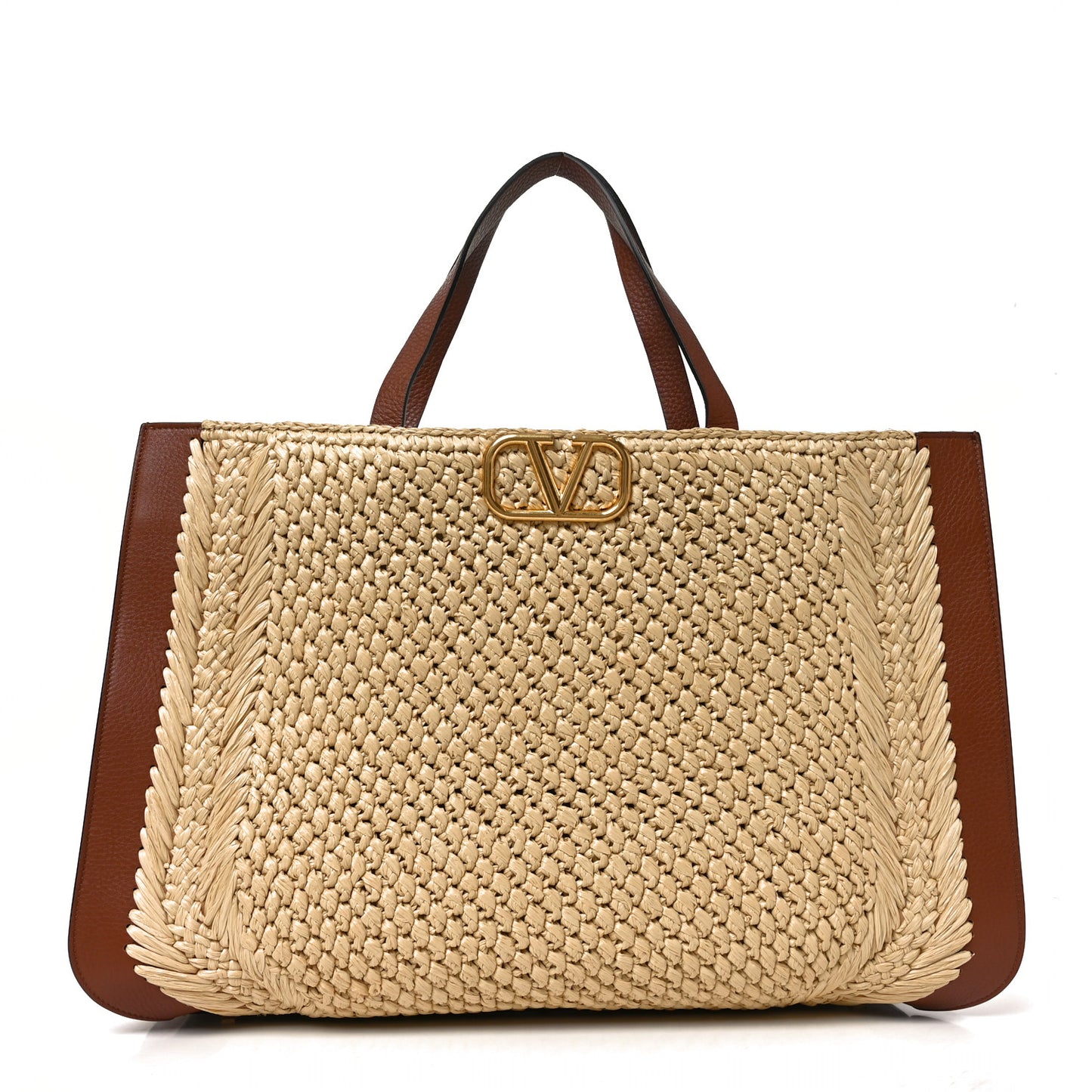Raffia Calfskin Vlogo Tote Naturale Saddle Brown