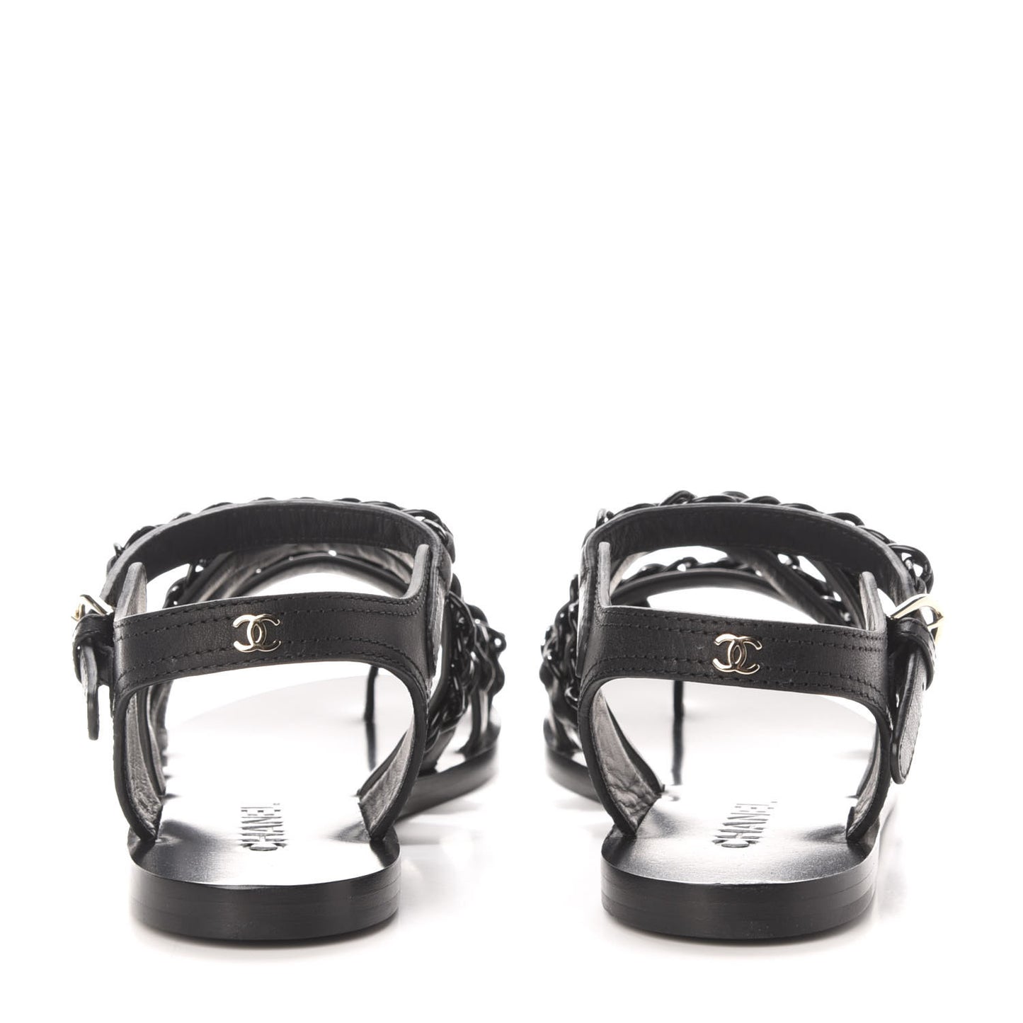 Calfskin Chain Flat Sandals 38 Black