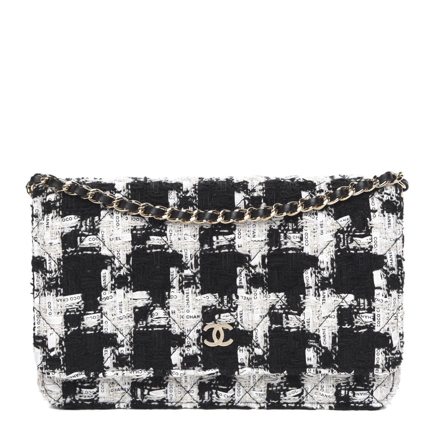 Tweed Quilted Wallet On Chain WOC Black Ecru White