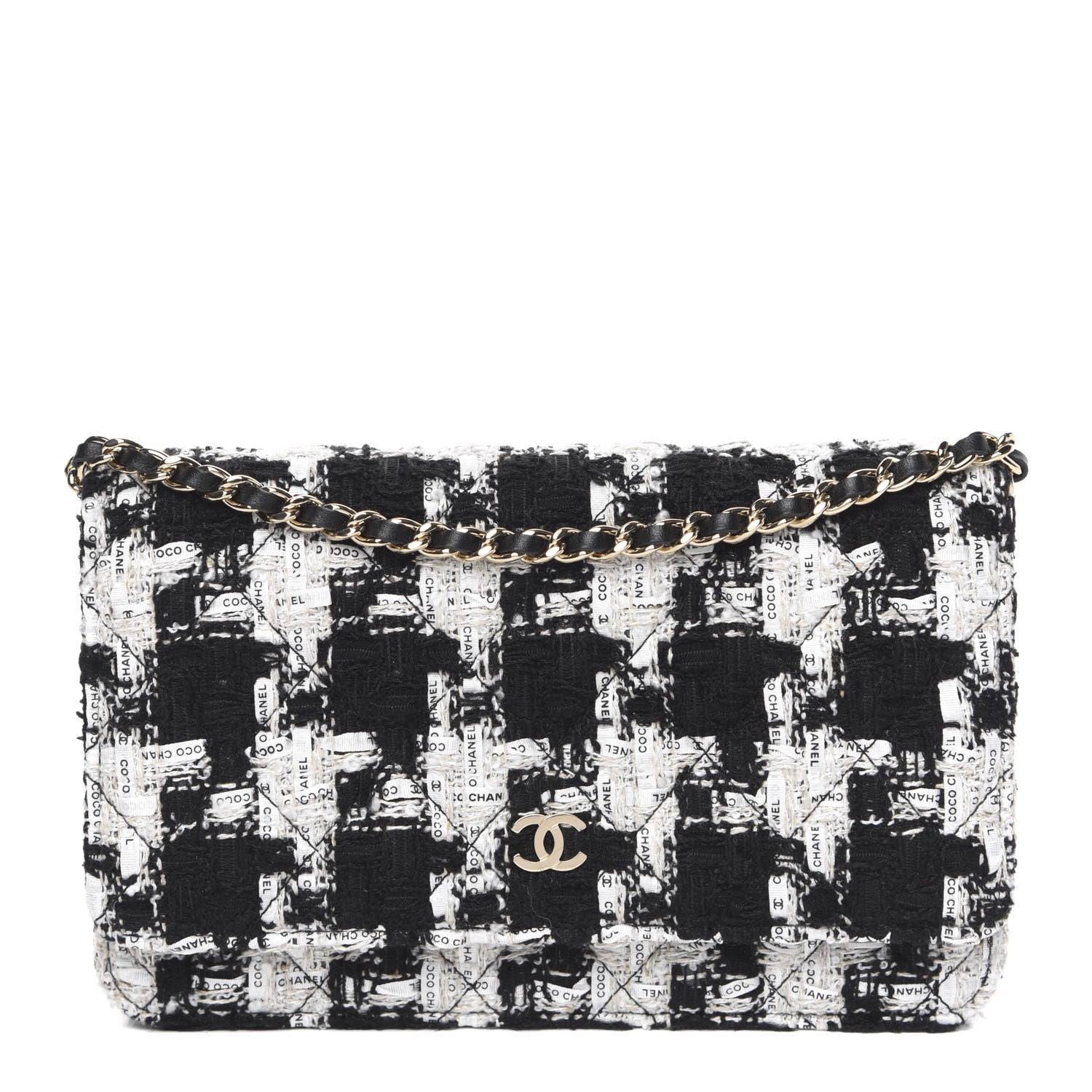 Chanel Tweed Quilted Wallet On Chain WOC Black Ecru White 1 of 11