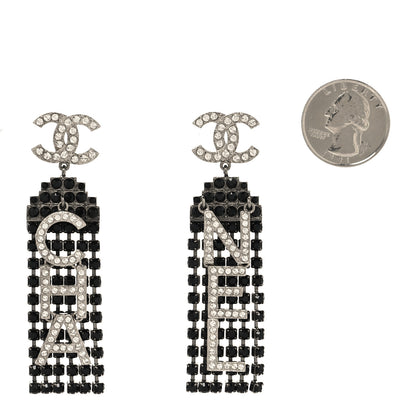 Chanel Crystal CC Strass Cha-Nel Logo Drop Earrings Silver Black 5 of 8