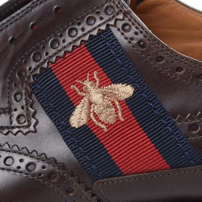 Gucci Calfskin Web Bee Embroidered Mens Slip-On Brogue Wingtip Derby Shoes 7.5 Cocoa 9 of 11