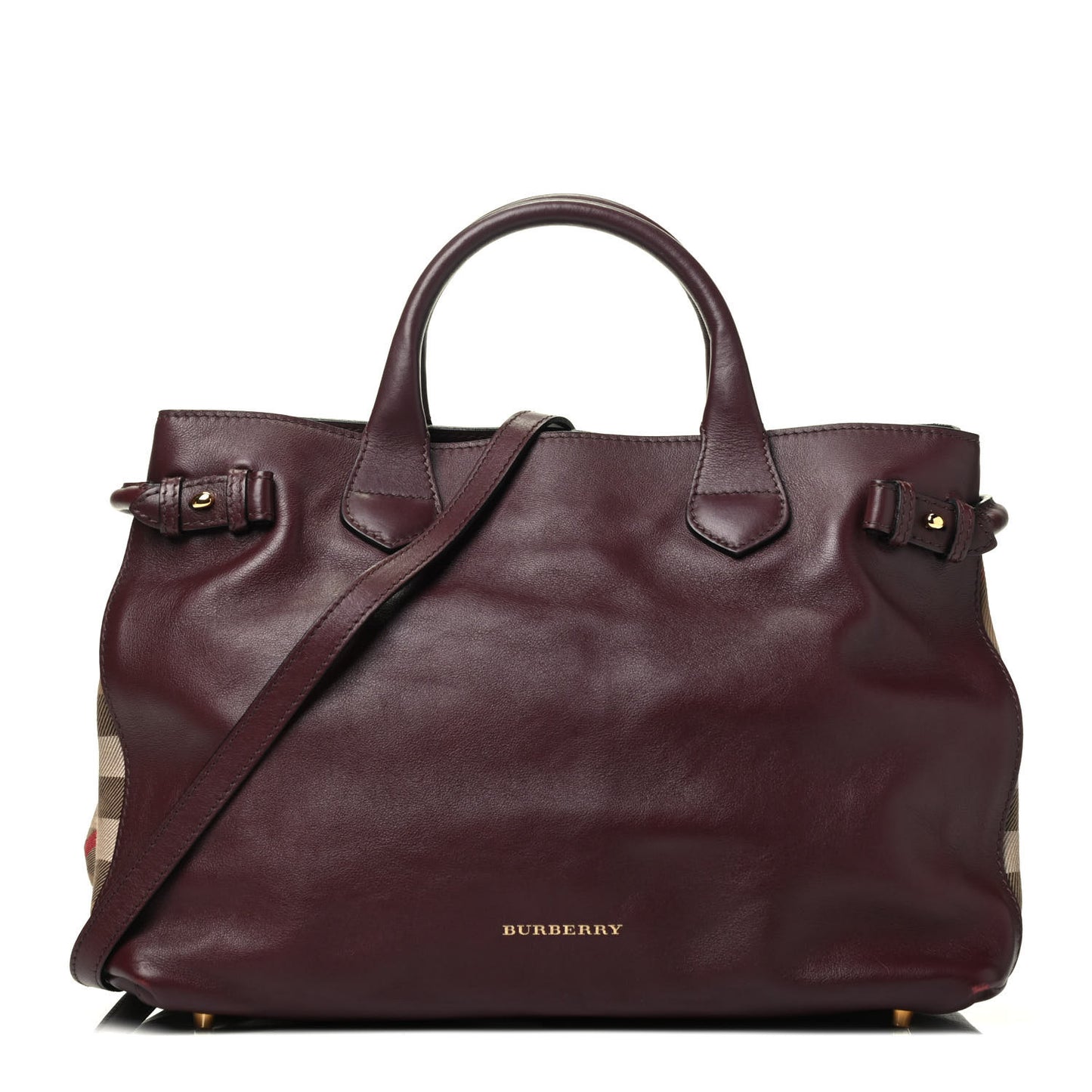 Smooth Calfskin House Check Medium Banner Tote Deep Claret