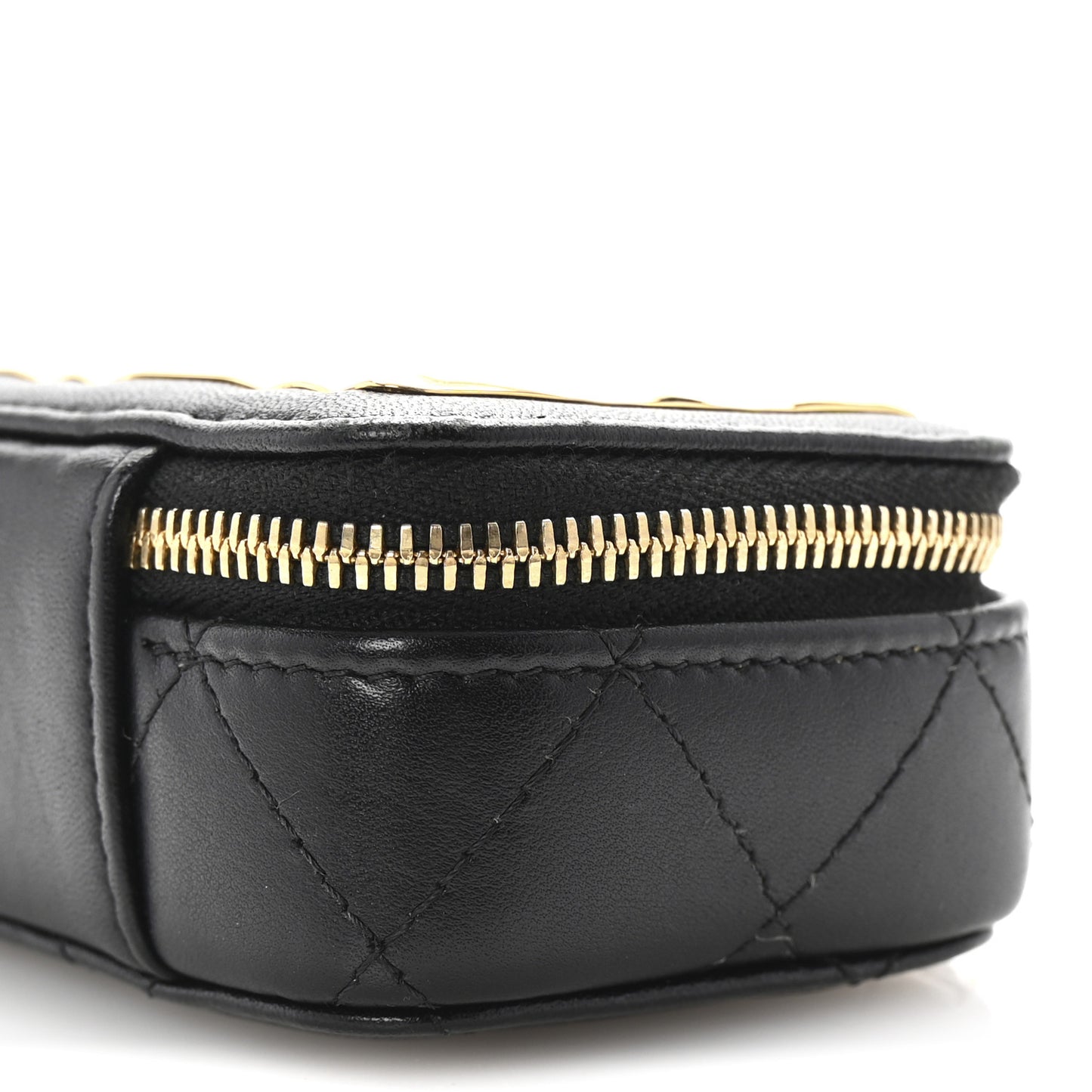 Lambskin Metal Quilted Extra Mini Vanity Case With Chain Black Gold