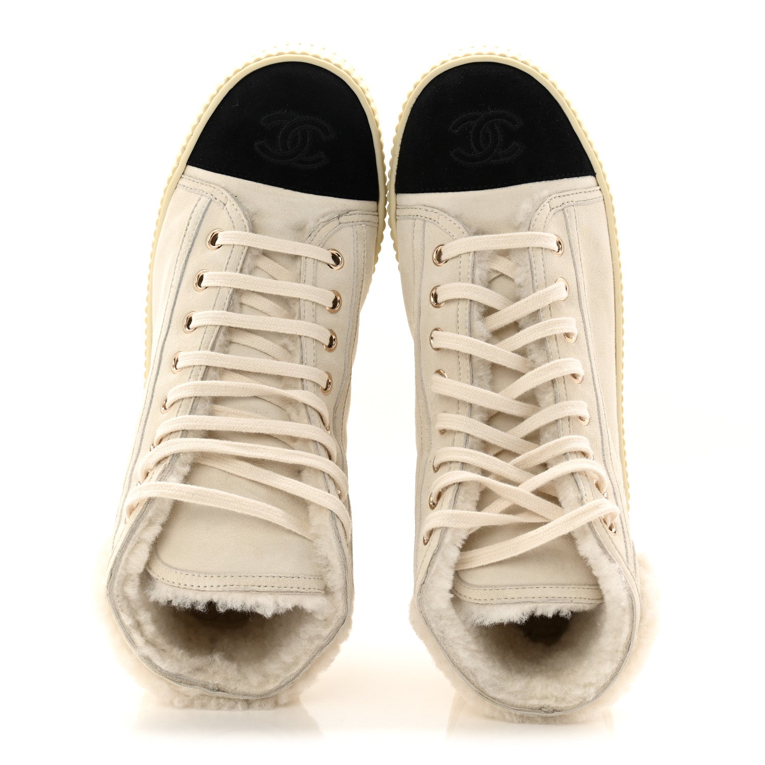 Chanel Kid Suede Shearling Sheepskin Lace Up Boots 38 Ivory White Black 5 of 8