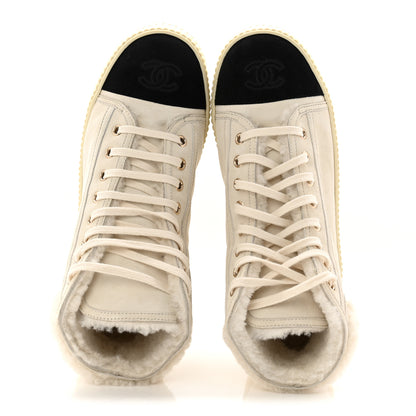 Chanel Kid Suede Shearling Sheepskin Lace Up Boots 38 Ivory White Black 5 of 8
