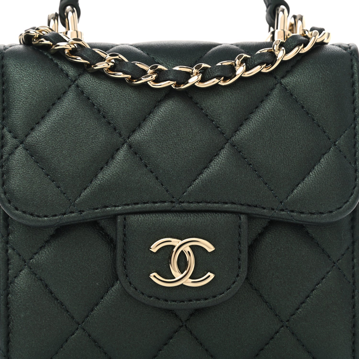Chanel Iridescent Lambskin Quilted Top Handle Flap Clutch With Chain Dark Green 8 of 9