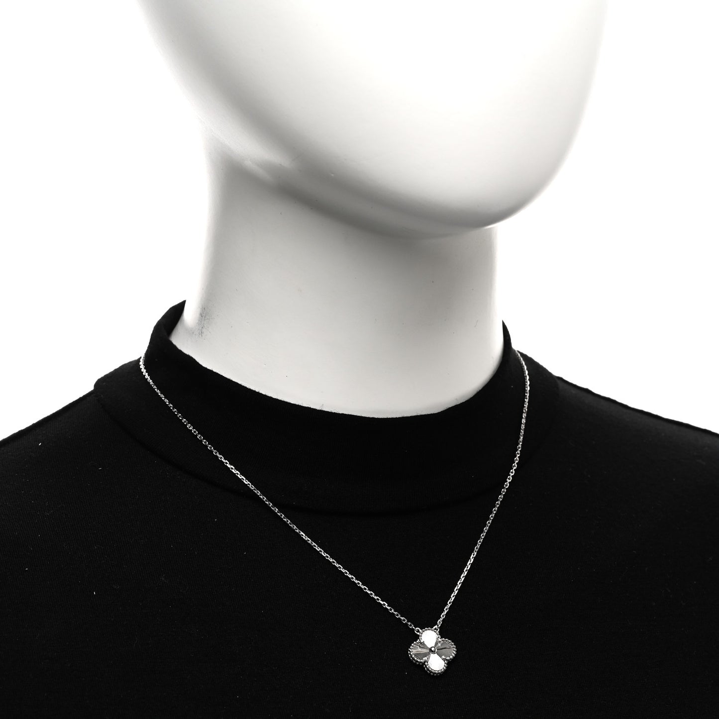 18K White Gold Guilloche Vintage Alhambra Pendant Necklace