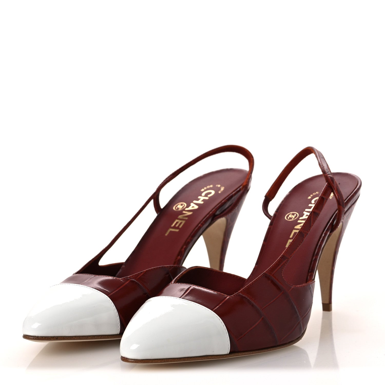 Chanel Patent Calfskin Crocodile Embossed Cap Toe CC Slingback Pumps 39 Dark Red White 4 of 11