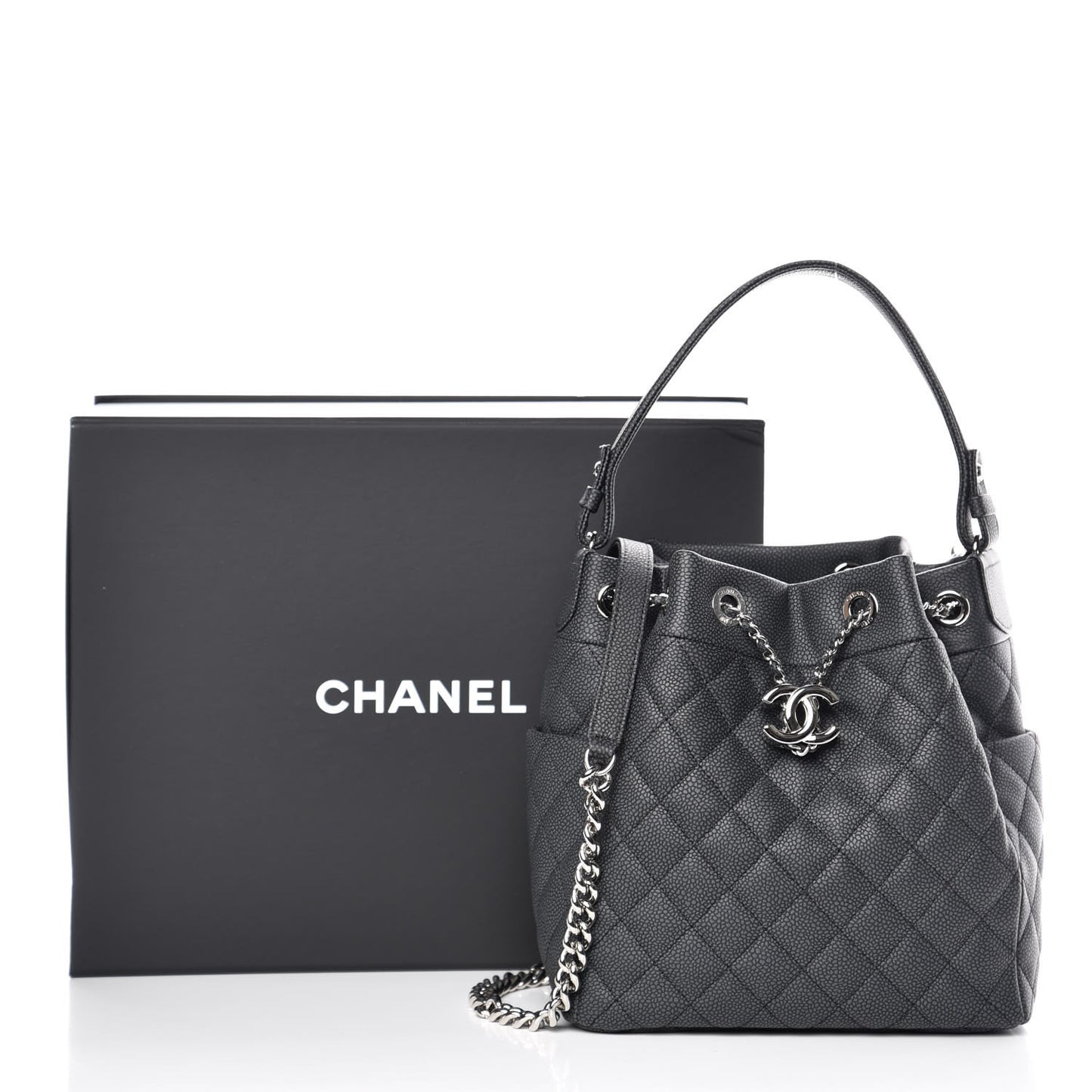 Grained Calfskin Quilted Small Chain Bucket Bag Grey