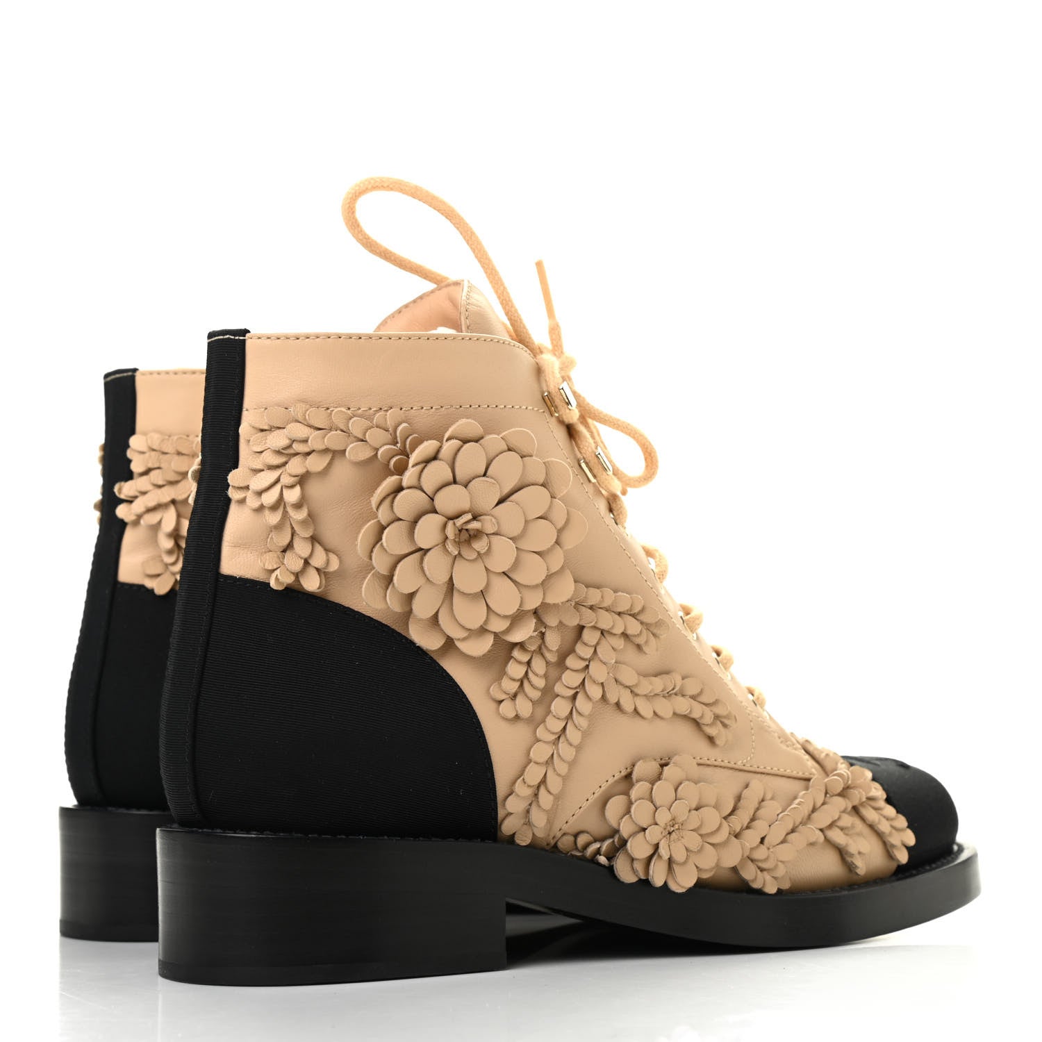 Chanel Embroidered Lambskin Grosgrain Lace Up Boots 38 Beige Black 4 of 8