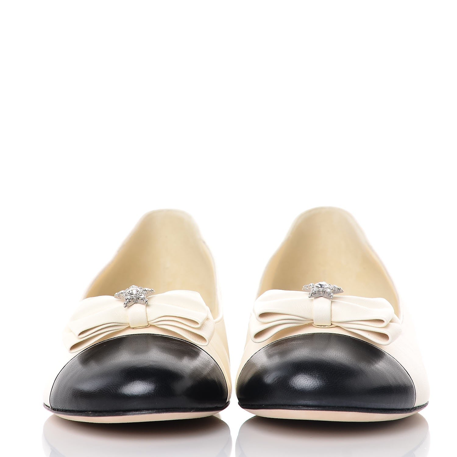 Chanel Lambskin Cap Toe Crystal Star Flats 38.5 White Black 2 of 11