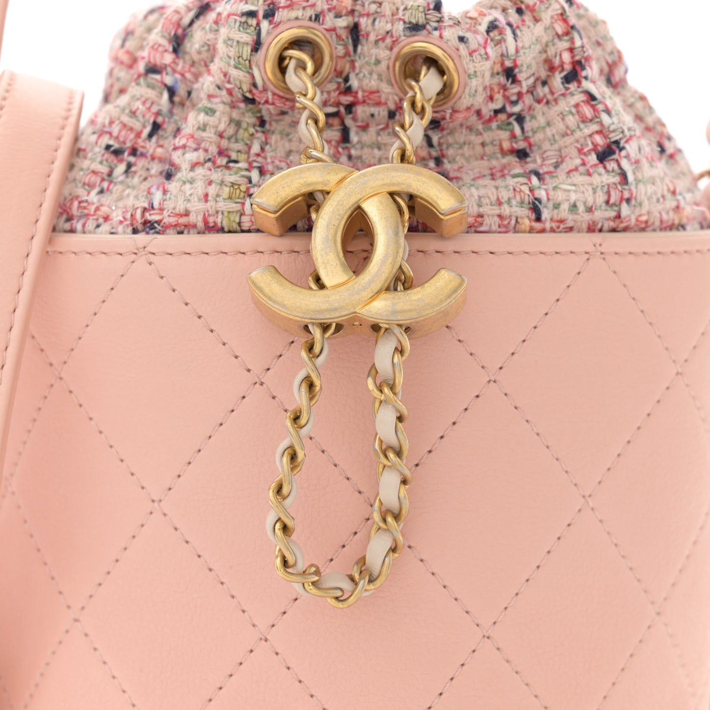 Calfskin Tweed Small CC Chain Bucket Drawstring Bag Light Pink