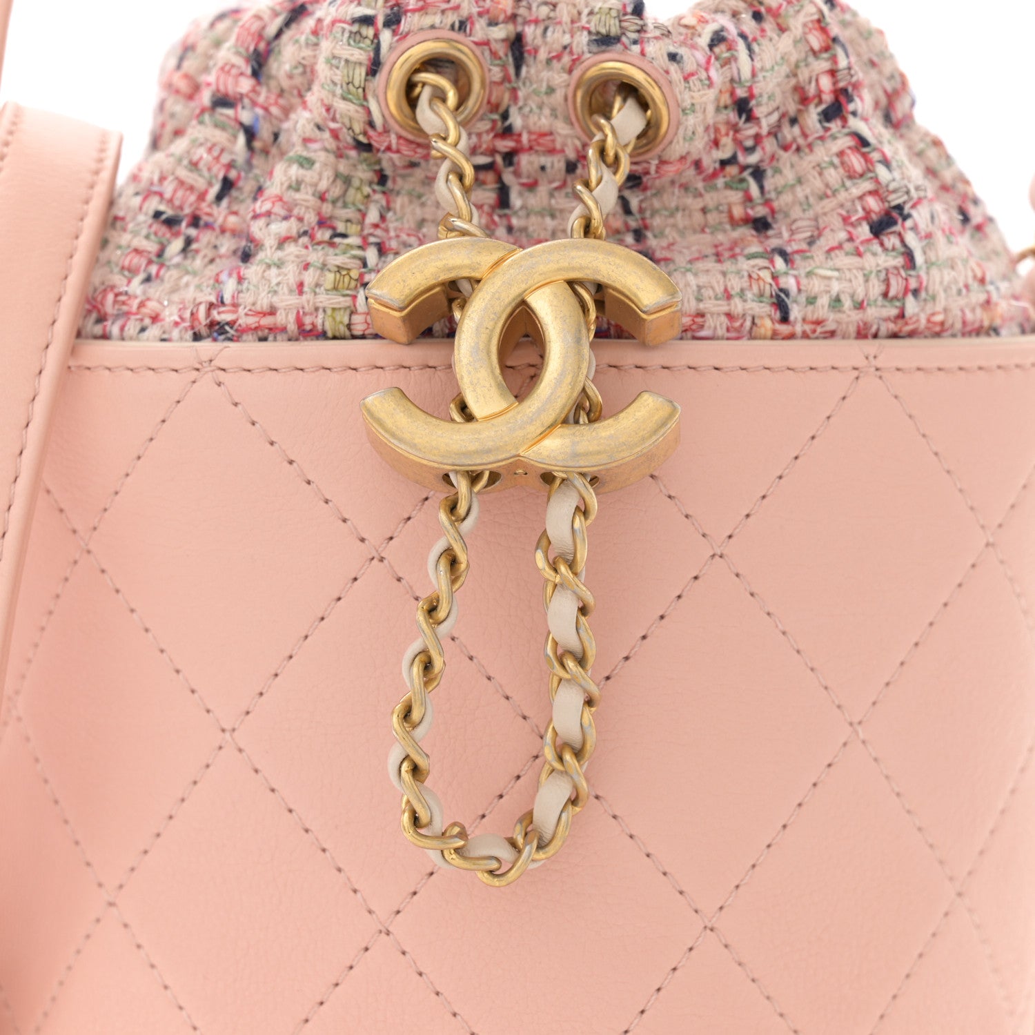 Chanel Calfskin Tweed Small CC Chain Bucket Drawstring Bag Light Pink 8 of 10
