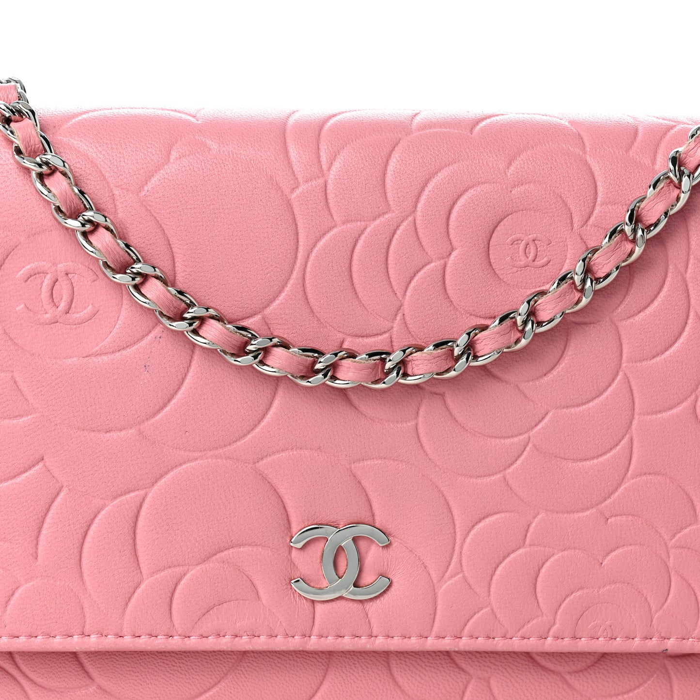 Lambskin Camellia Embossed Wallet on Chain WOC Pink