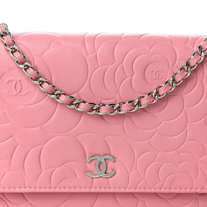 Chanel Lambskin Camellia Embossed Wallet on Chain WOC Pink 9 of 13