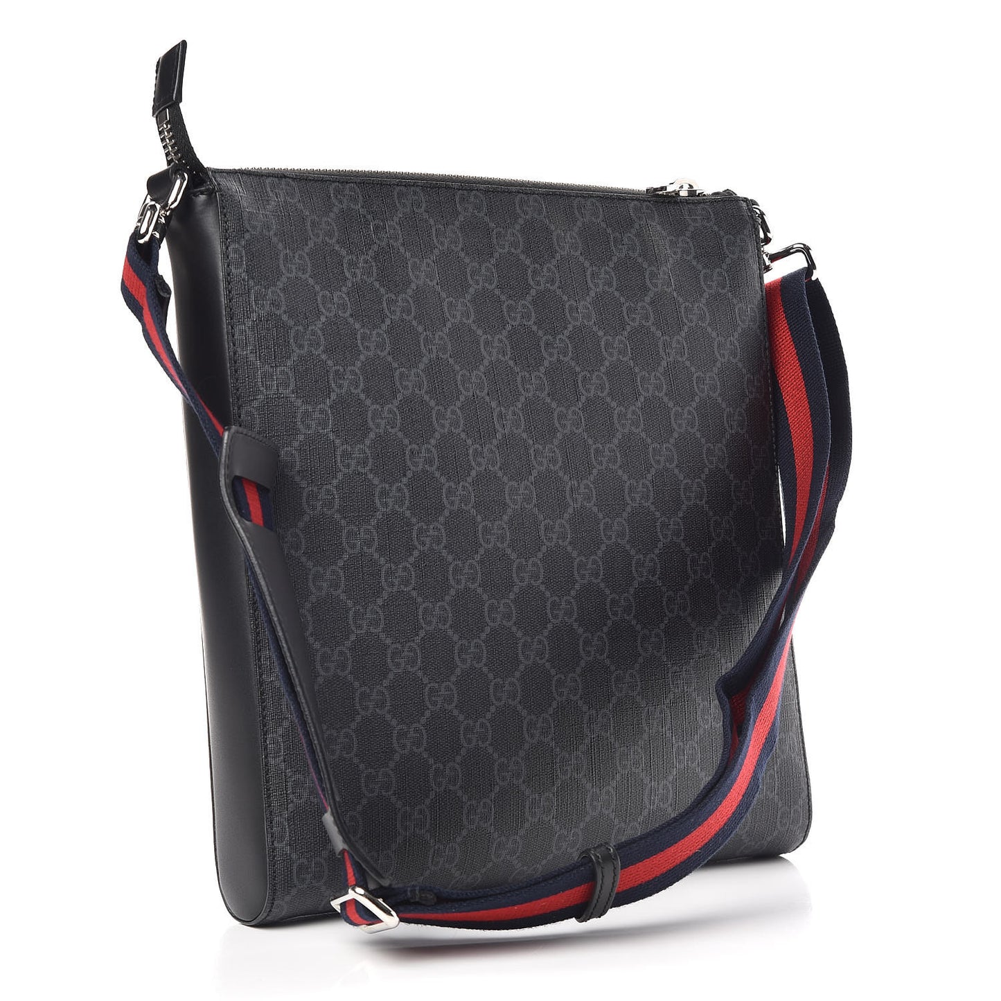 GG Supreme Monogram Appia Calfskin Web Flat Messenger Bag Black Grey