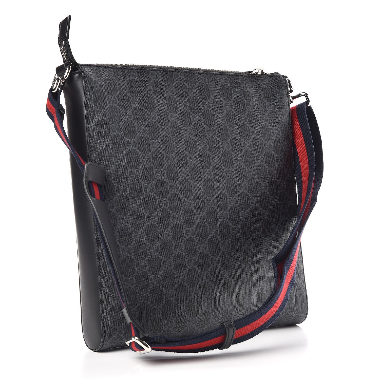 Gucci GG Supreme Monogram Appia Calfskin Web Flat Messenger Bag Black Grey 3 of 9
