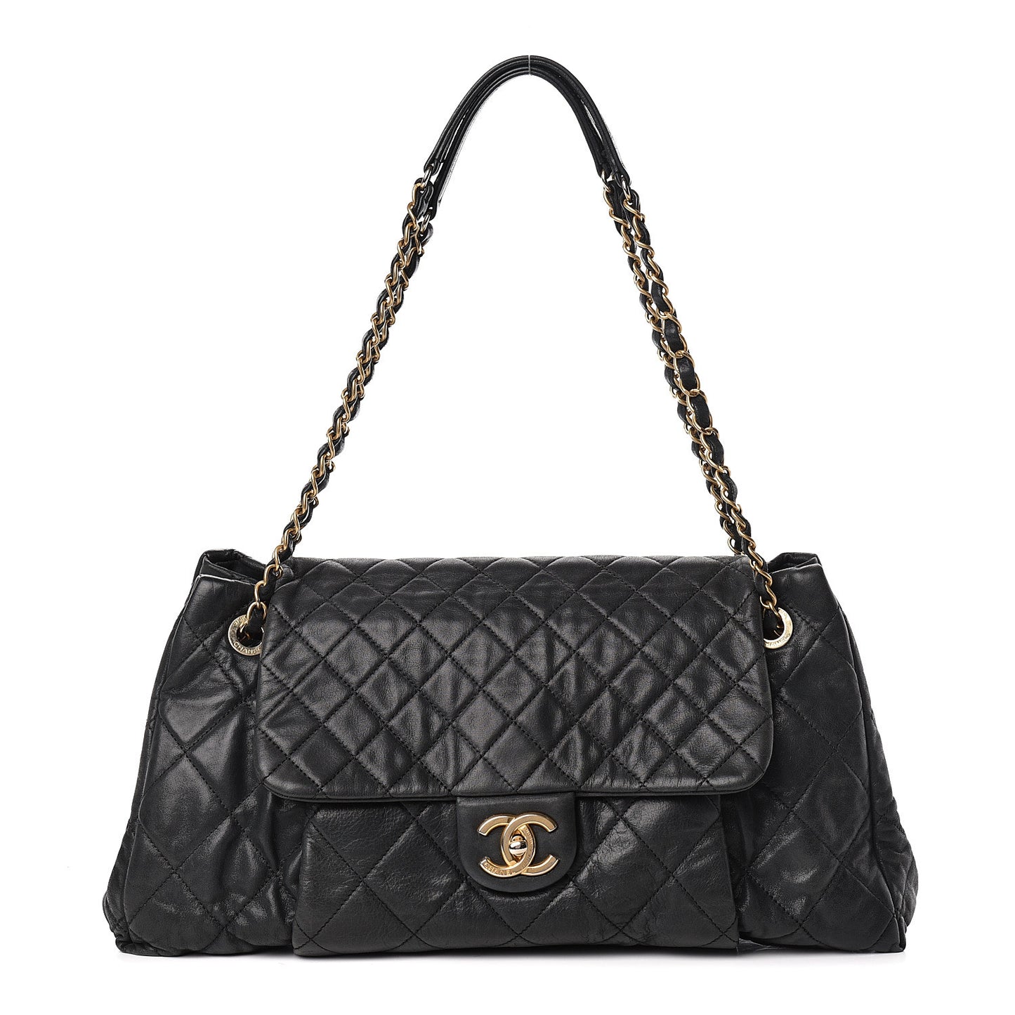Iridescent Calfskin Large Chic Quilt Flap Black