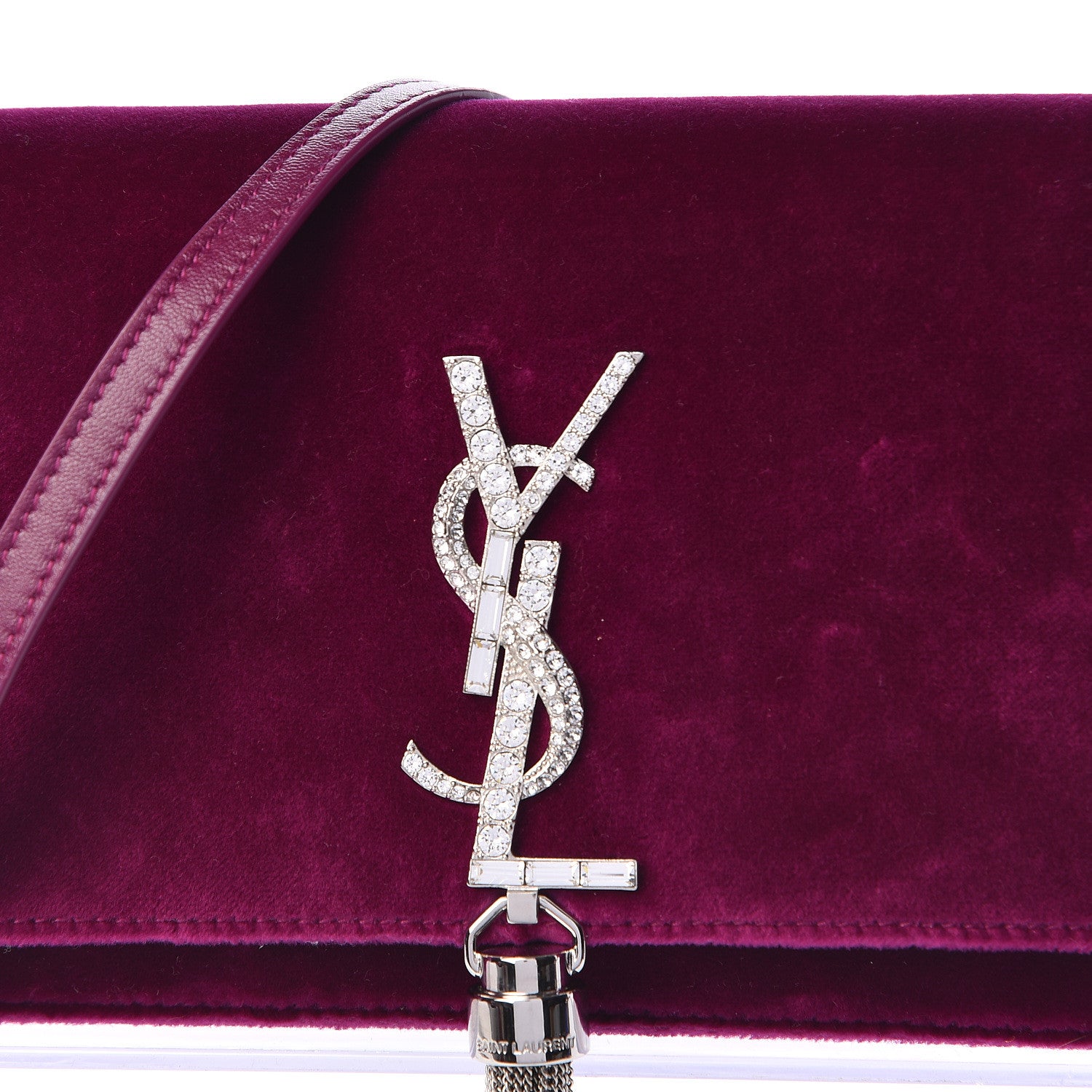 Saint Laurent Velvet Crystal Monogram Kate Tassel Shoulder Bag Fuchsia 12 of 12