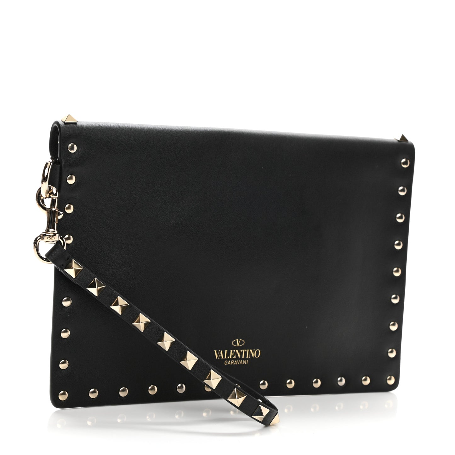 Vitello Medium Rockstud Envelope Flat Wristlet Pouch Black