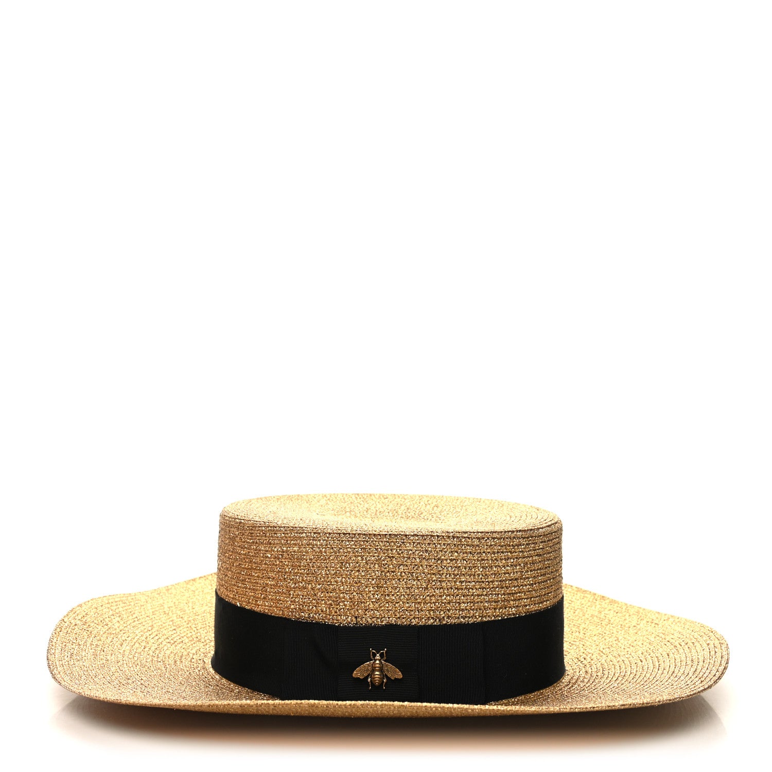 Gucci Glittered Straw Grosgrain Wide Brim Hat S Gold Black 3 of 8
