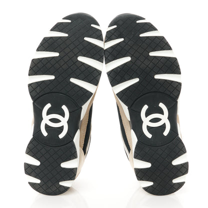 Chanel Mesh Suede Calfskin Womens CC Sneakers 38 White Black Beige Gold 5 of 8