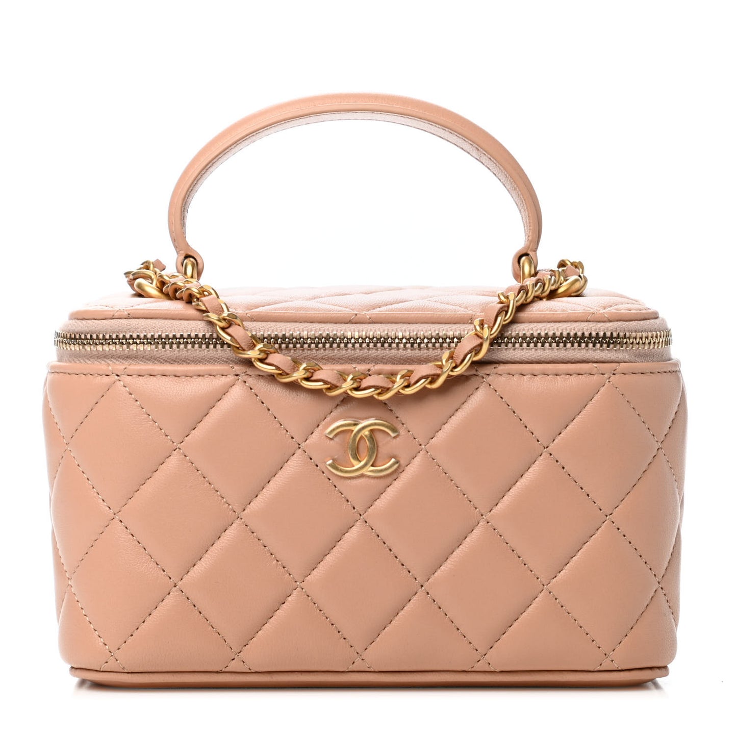 Lambskin Quilted Small Top Handle Vanity Case With Chain Beige