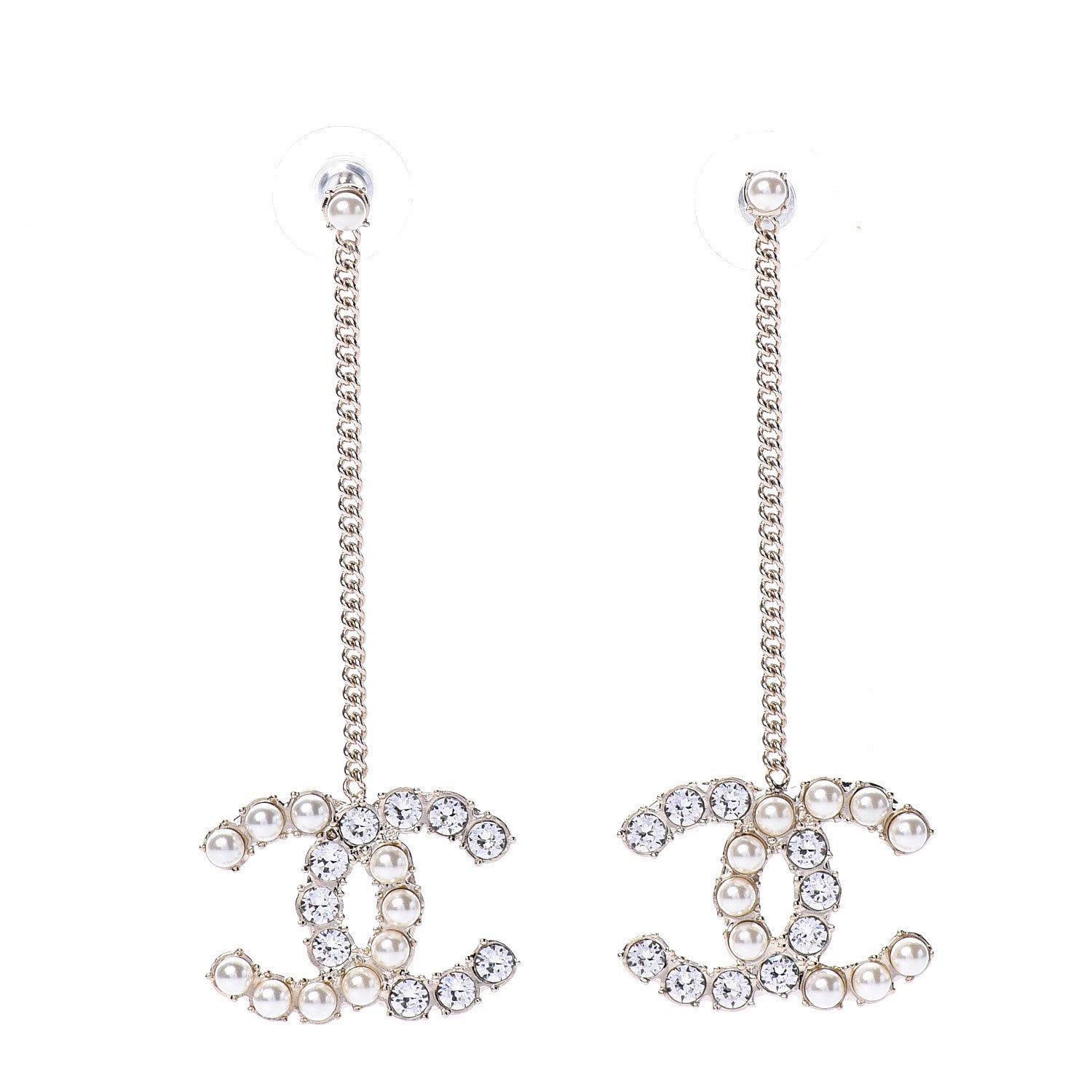 Chanel Crystal Pearl CC Drop Earrings Gold 1 of 5